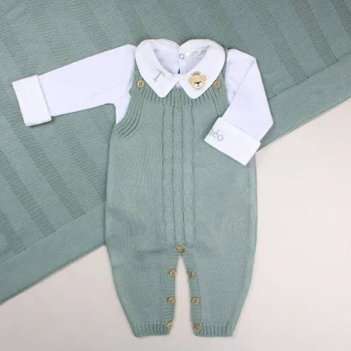 Saída De Maternidade Masculina Bebê Tricô Caio 7 Peças - ACOMPANHA BODY PERSONALIZADO                                                                        Verde Maré