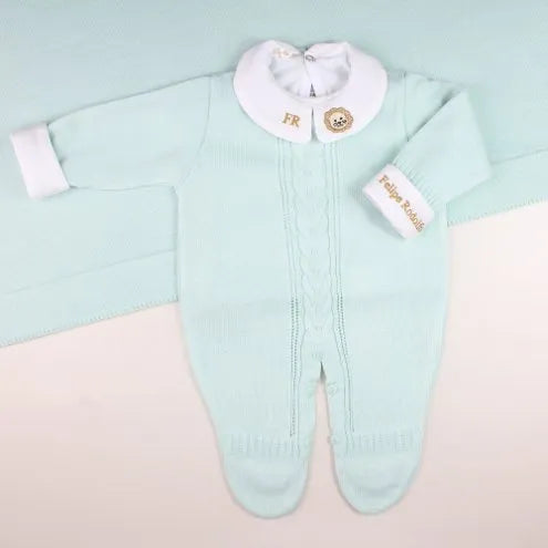 Saída De Maternidade Masculina Bebê Tricô 7 Peças Londres - ACOMPANHA BODY PERSONALIZADO                                                                        Verde Água