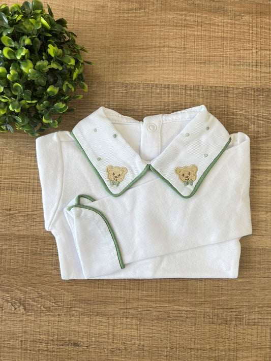 BODY BRANCO BORDADO URSO VERDE