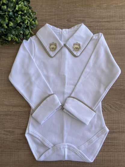 BODY BRANCO BORDADO LEÃO BEGE