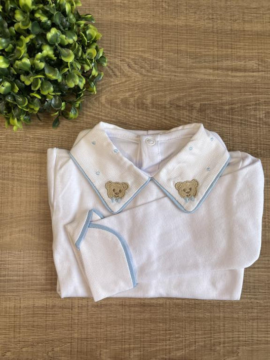 BODY BRANCO BORDADO URSO AZUL BEBÊ