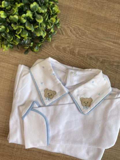 BODY BRANCO BORDADO URSO AZUL BEBÊ
