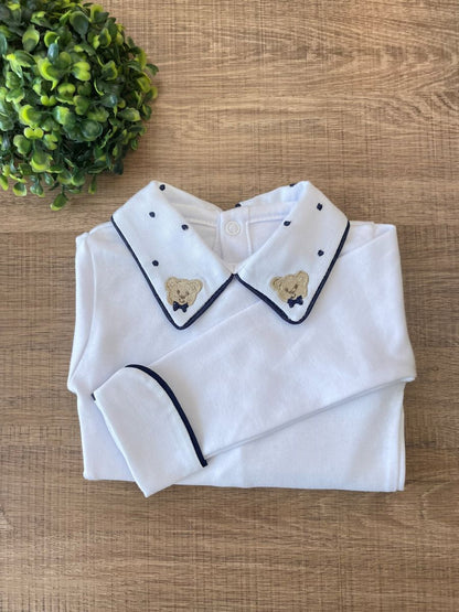 BODY BRANCO BORDADO URSO AZUL MARINHO