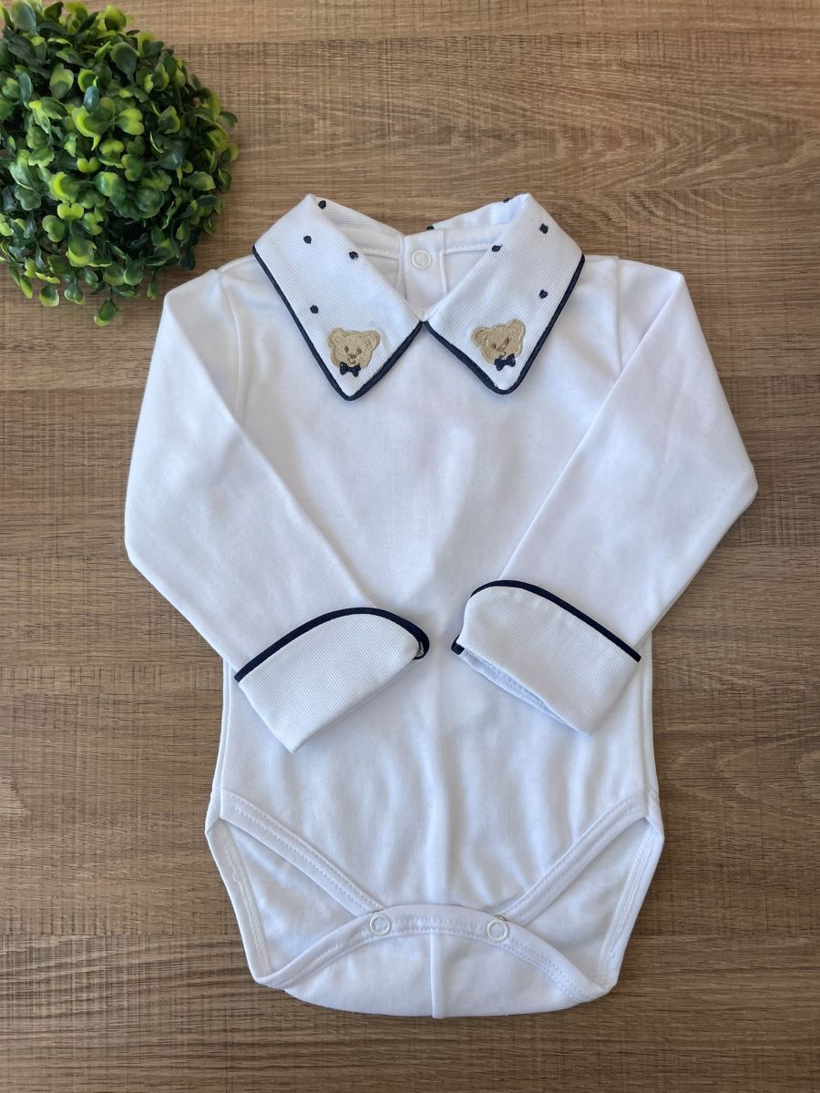 BODY BRANCO BORDADO URSO AZUL MARINHO
