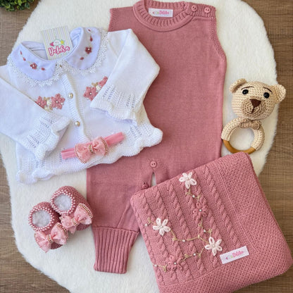 Kit Exclusivo Helena Rosé  Saída de Maternidade em Tricot com 6 Peças