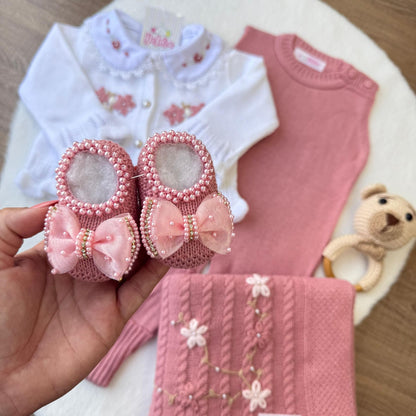 Kit Exclusivo Helena Rosé  Saída de Maternidade em Tricot com 6 Peças