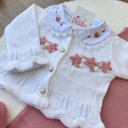 Kit Exclusivo Helena Rosé  Saída de Maternidade em Tricot com 6 Peças