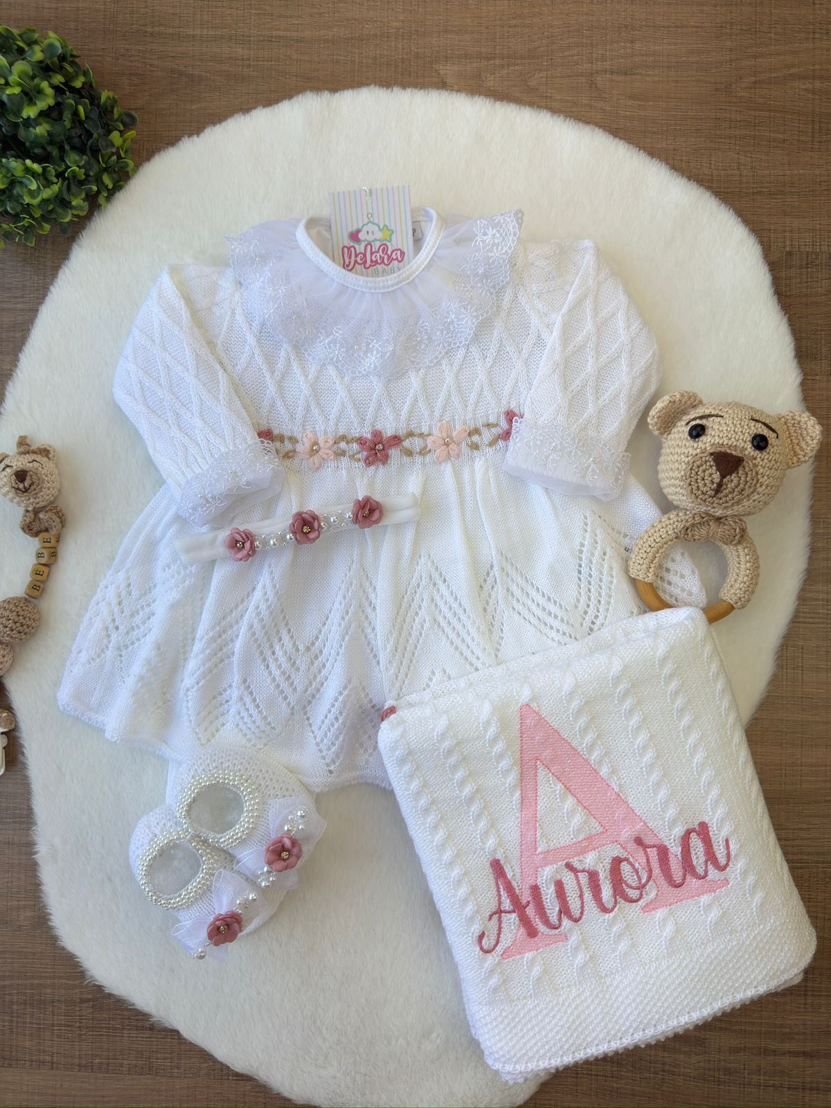 KIT SAIDA DE MATERNIDADE AURORA BRANCA 6 PEÇAS PERSONALIZADO