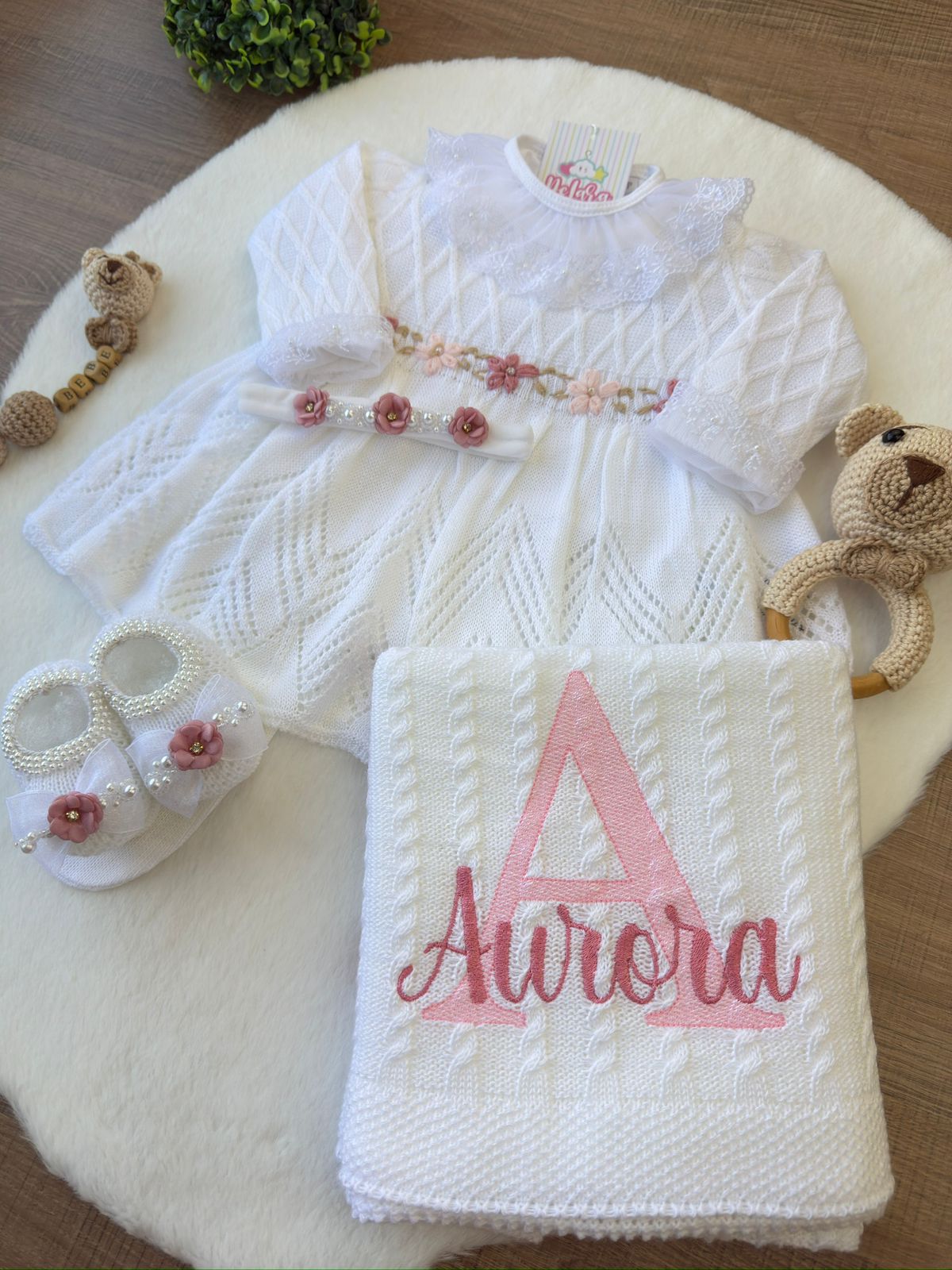 KIT SAIDA DE MATERNIDADE AURORA BRANCA 6 PEÇAS PERSONALIZADO