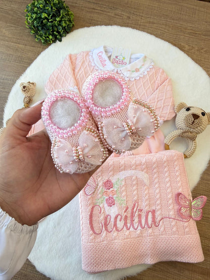 KIT SAIDA DE MATERNIDADE AURORA ROSA 6 PEÇAS PERSONALIZADO