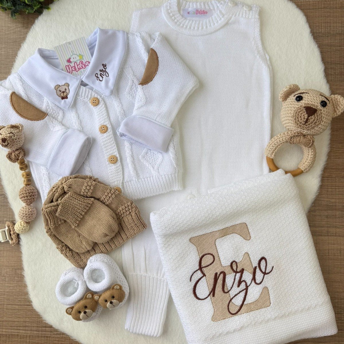 KIT SAIDA DE MATERNIDADE GAEL BRANCA 7 PEÇAS PERSONALIZADO