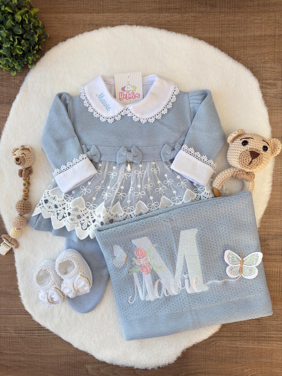 KIT SAIDA DE MATERNIDADE NICOLLE AZUL 6 PEÇAS PERSONALIZADO