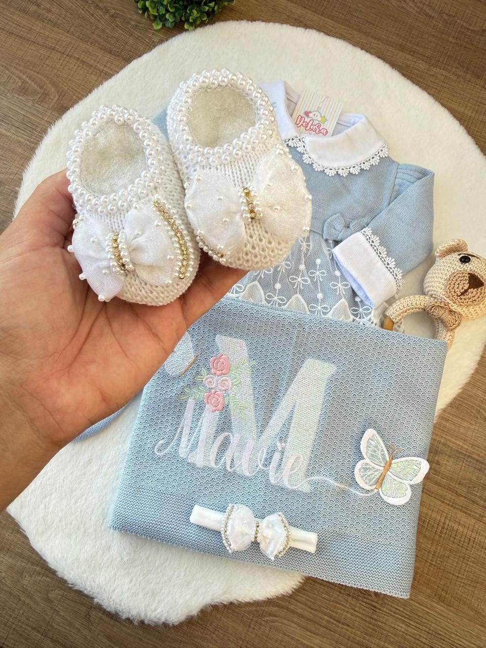 KIT SAIDA DE MATERNIDADE NICOLLE AZUL 6 PEÇAS PERSONALIZADO