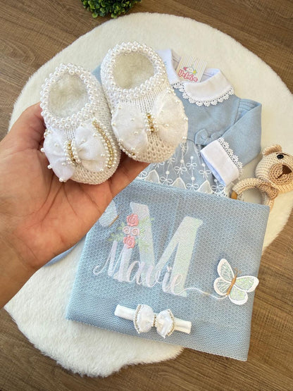 KIT SAIDA DE MATERNIDADE NICOLLE AZUL 6 PEÇAS PERSONALIZADO