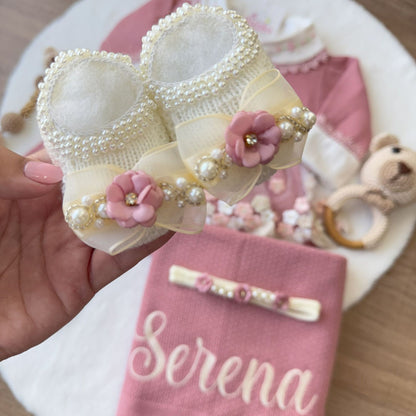 KIT SAÍDA DE MATERNIDADE NICOLLE ROSÉ LUXO 6 PEÇAS