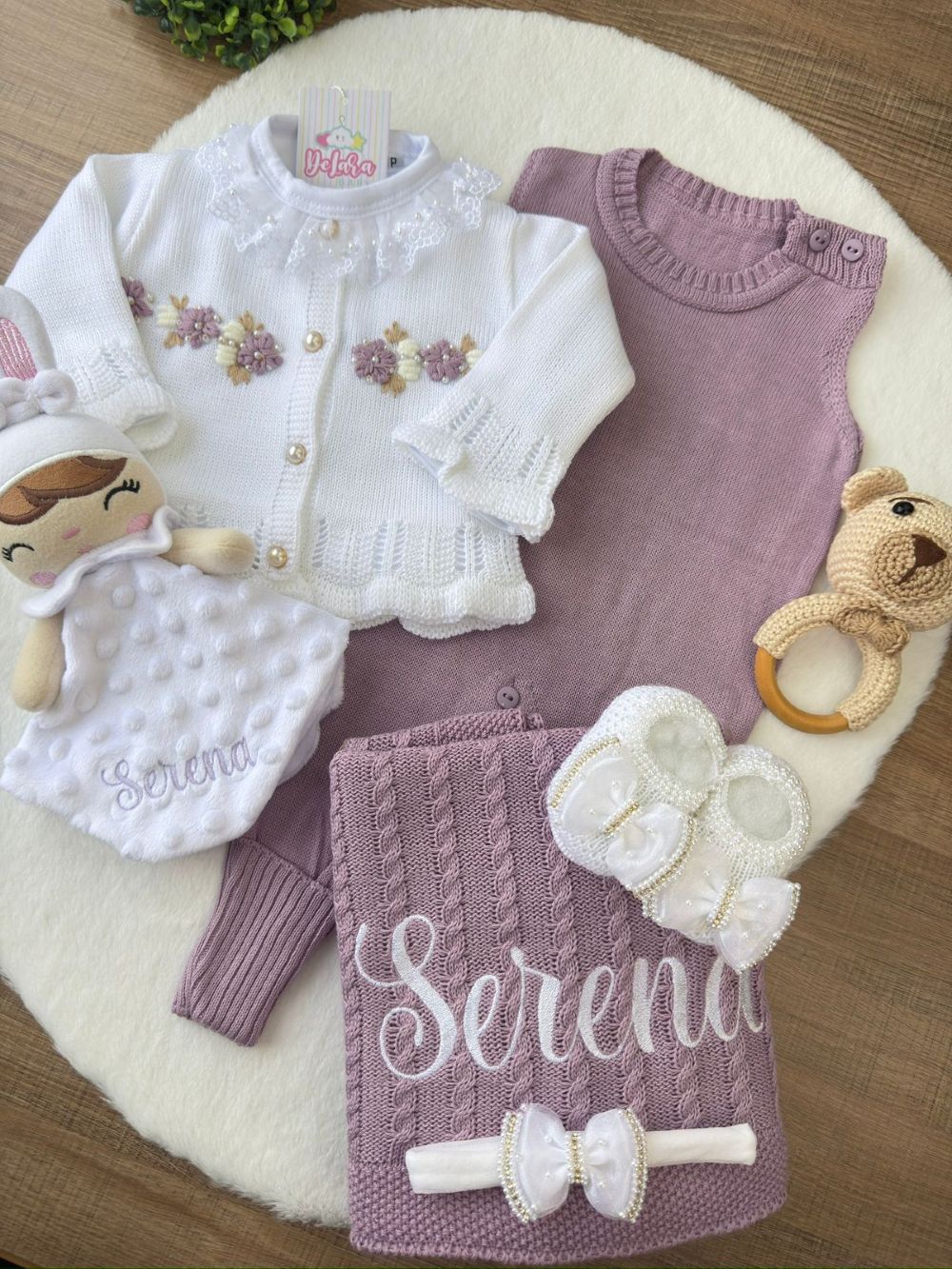 KIT SAIDA MATERNIDADE HELENA LILÁS PERSONALIZADO (7 PEÇAS)