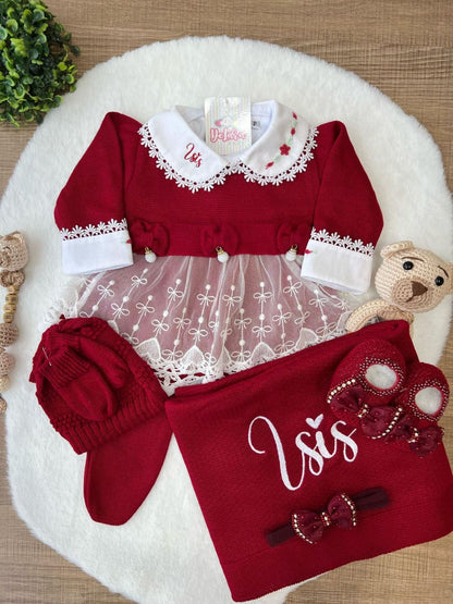 KIT SAIDA MATERNIDADE NICOLLE VERMELHA 8 PEÇAS PERSONALIZADO (RENDA CORAÇÃO)