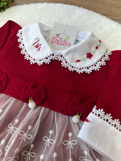 KIT SAIDA MATERNIDADE NICOLLE VERMELHA 8 PEÇAS PERSONALIZADO (RENDA CORAÇÃO)