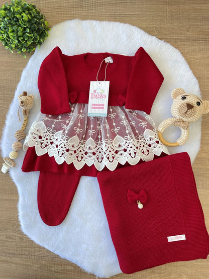 KIT SAIDA MATERNIDADE NICOLLE VERMELHA 8 PEÇAS PERSONALIZADO (RENDA CORAÇÃO)