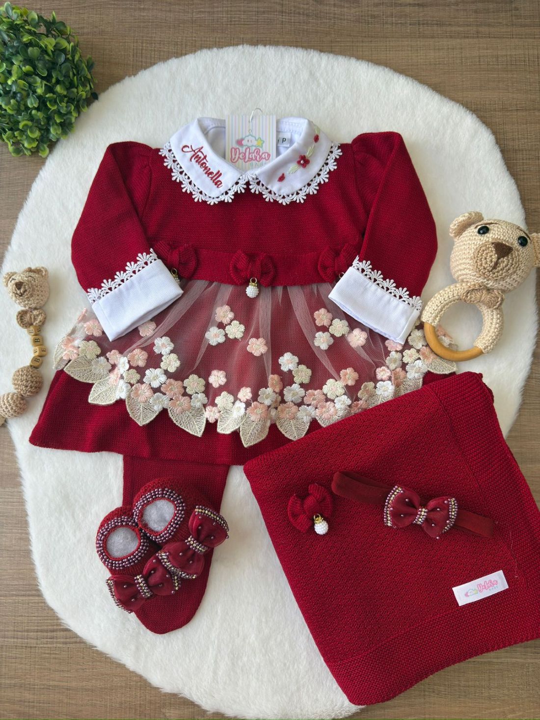 KIT SAIDA MATERNIDADE NICOLLE VERMELHA 6 PEÇAS PERSONALIZADO (RENDA FLORAL)