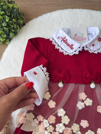 KIT SAIDA MATERNIDADE NICOLLE VERMELHA 6 PEÇAS PERSONALIZADO (RENDA FLORAL)