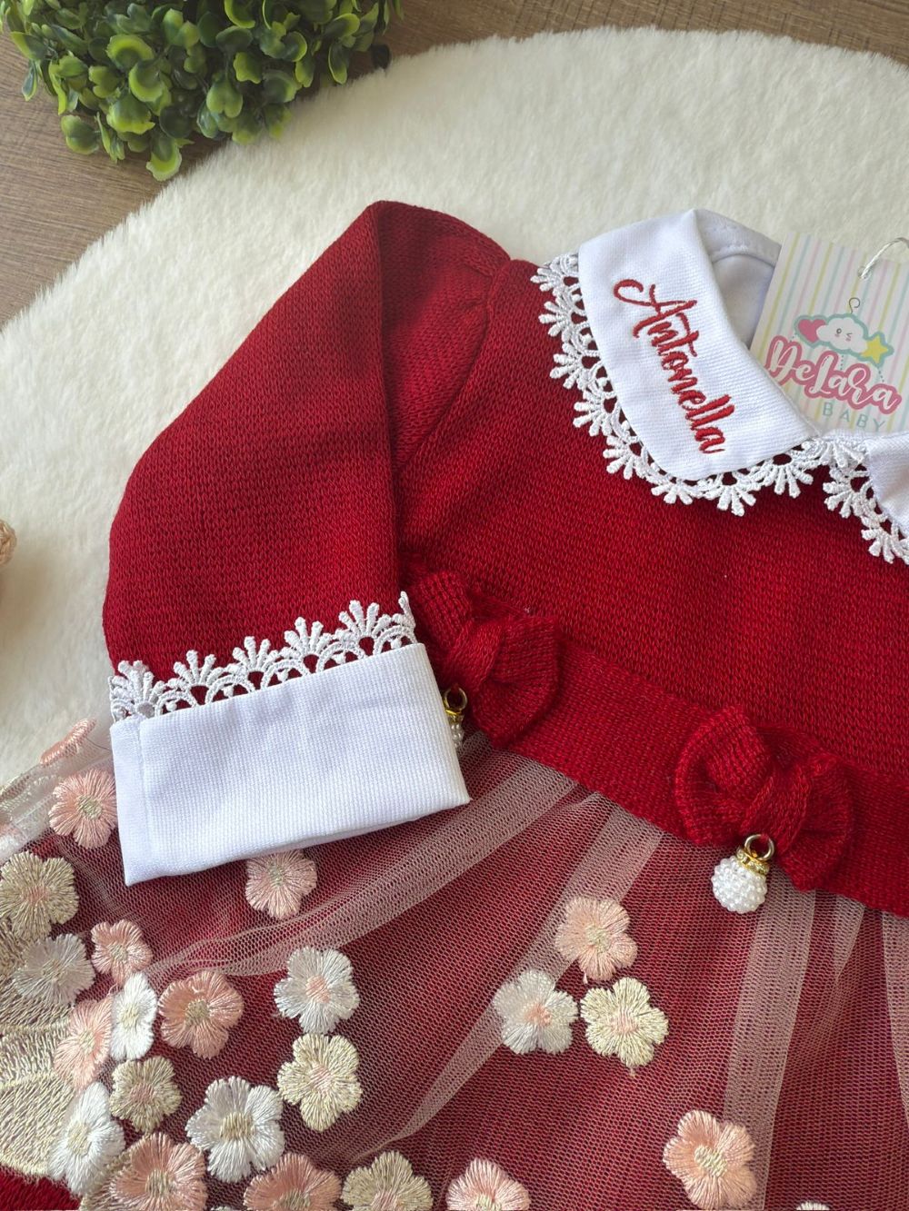 KIT SAIDA MATERNIDADE NICOLLE VERMELHA 6 PEÇAS PERSONALIZADO (RENDA FLORAL)