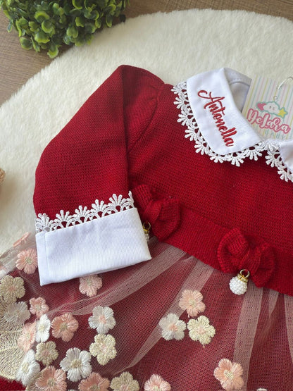 KIT SAIDA MATERNIDADE NICOLLE VERMELHA 6 PEÇAS PERSONALIZADO (RENDA FLORAL)