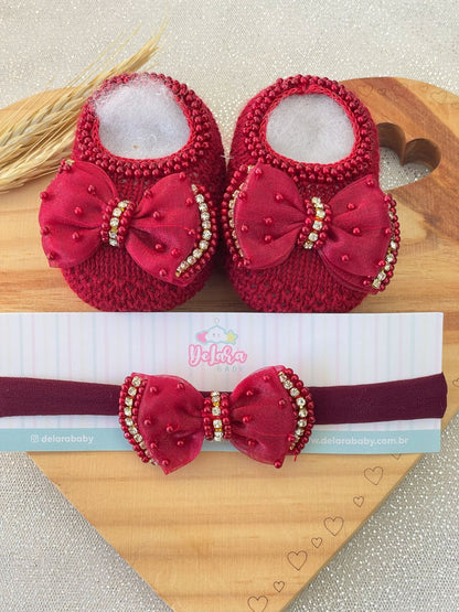 KIT SAIDA MATERNIDADE NICOLLE VERMELHA 6 PEÇAS PERSONALIZADO (RENDA FLORAL)