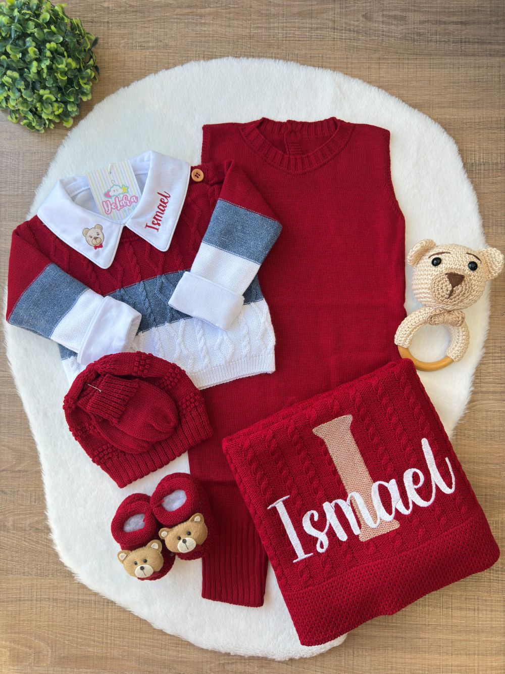 KIT SAIDA MATERNIDADE THEO URSO VERMELHO 7 PEÇAS PERSONALIZADO