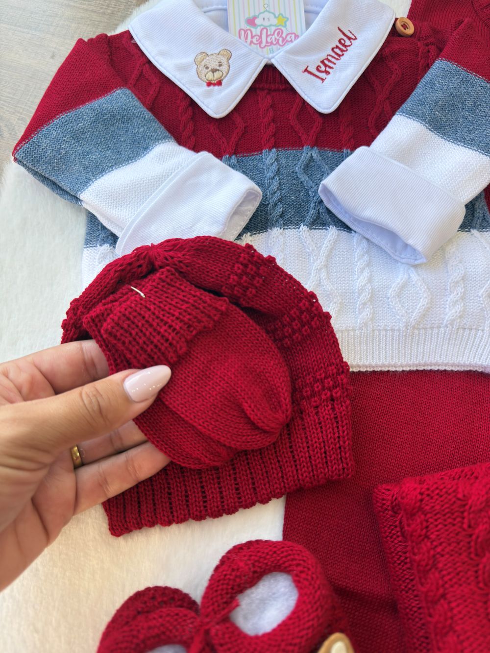 KIT SAIDA MATERNIDADE THEO URSO VERMELHO 7 PEÇAS PERSONALIZADO