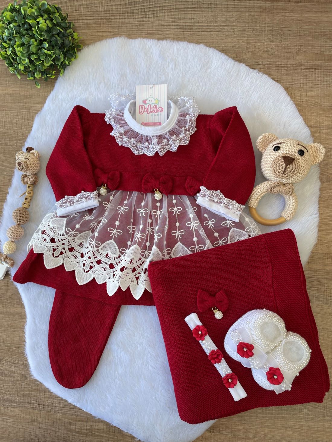 KIT SAIDA MATERNIDADE NICOLLE VERMELHO 6 PEÇAS (RENDA CORAÇÃO)