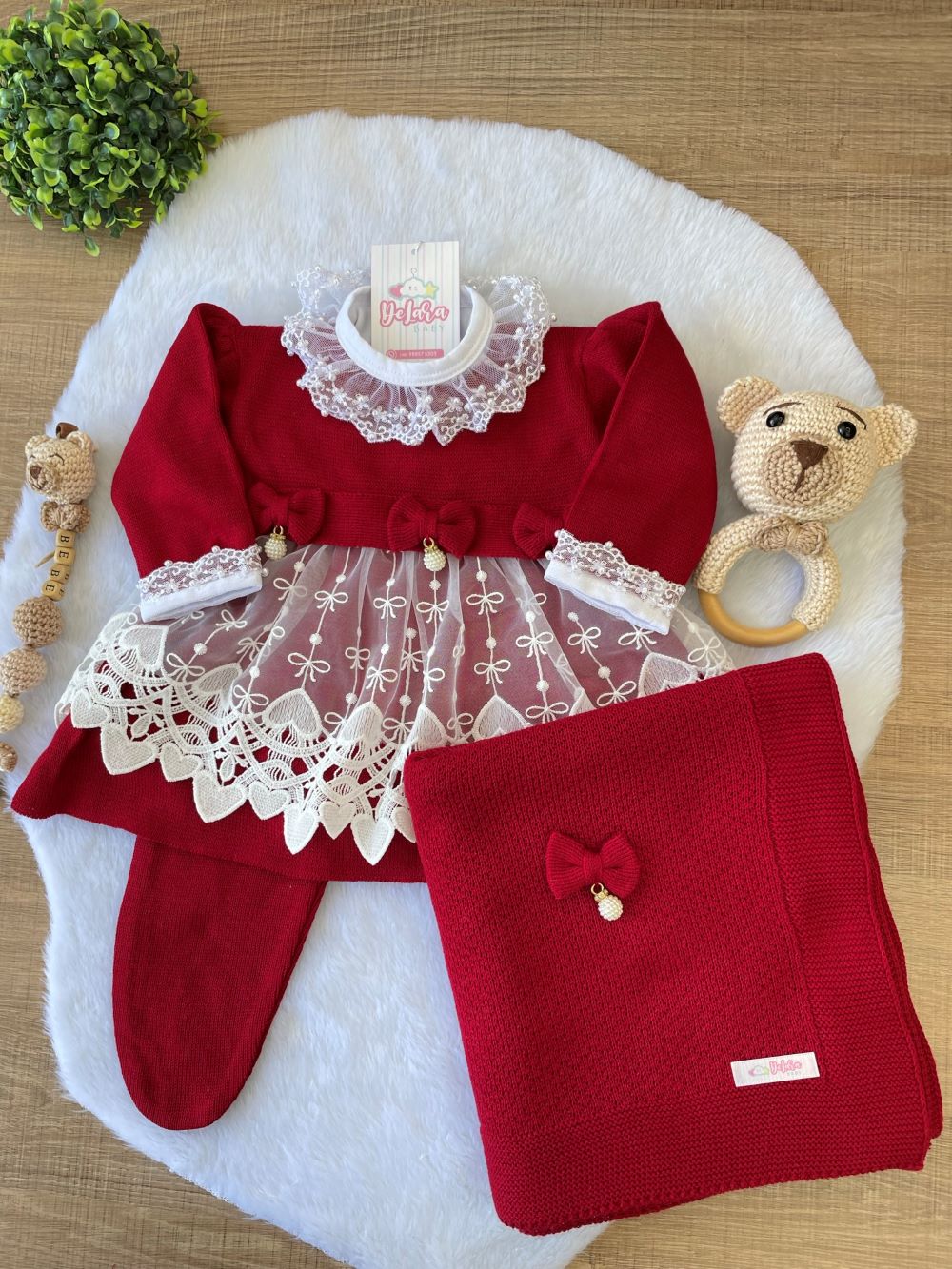 KIT SAIDA MATERNIDADE NICOLLE VERMELHO 6 PEÇAS (RENDA CORAÇÃO)