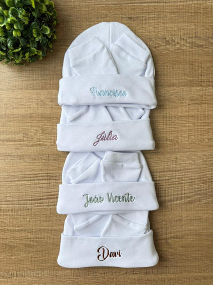 KIT TOUCA E LUVA BRANCO ALGODÃO PERSONALIZADO
