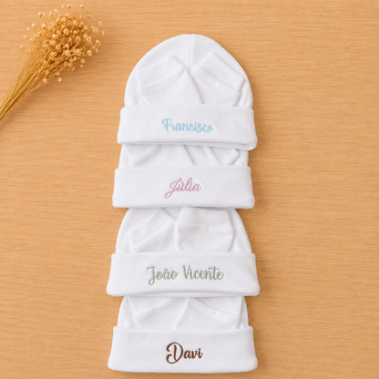 KIT TOUCA E LUVA BRANCO ALGODÃO PERSONALIZADO