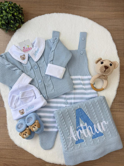 KIT VICENTE - SAÍDA DE MATERNIDADE COMPLETA DE TRICOT 7 PEÇAS URSO