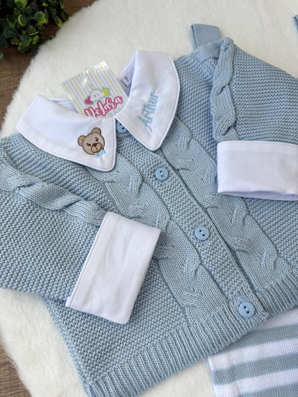 KIT VICENTE - SAÍDA DE MATERNIDADE COMPLETA DE TRICOT 7 PEÇAS URSO