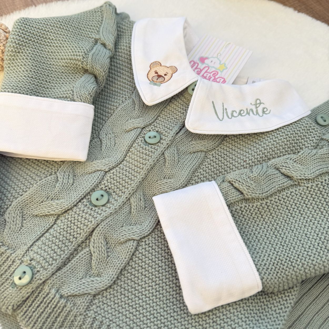 KIT VICENTE - SAÍDA DE MATERNIDADE COMPLETA DE TRICOT 7 PEÇAS URSO