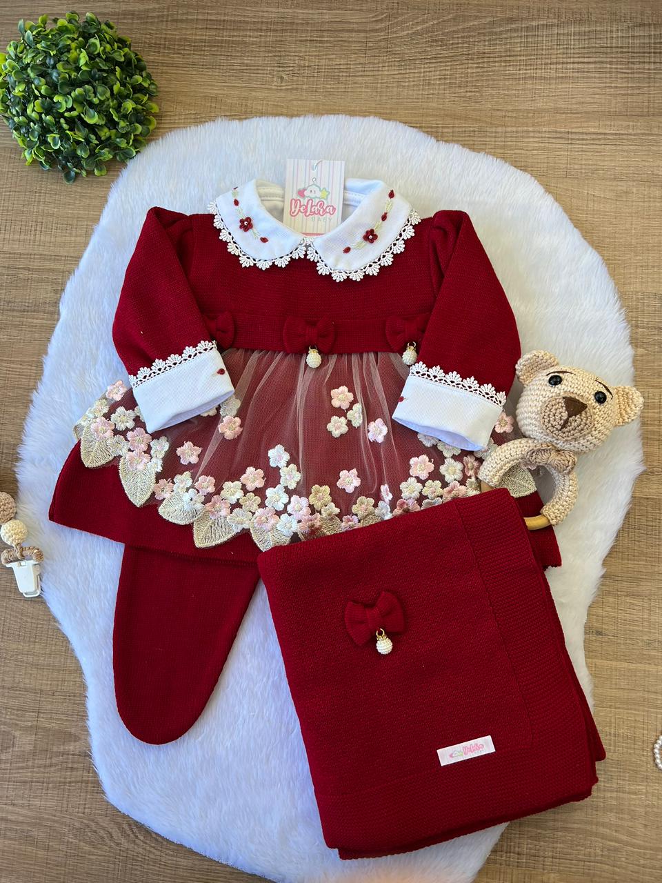 SAIDA MATERNIDADE LUXO VERMELHO NICOLLE 3 PEÇAS (RENDA FLORAL)