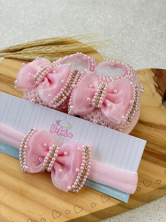 SAPATINHO + FAIXINHA PÉROLAS ROSA CLARO