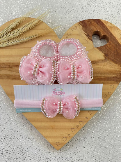 SAPATINHO + FAIXINHA PÉROLAS ROSA CLARO